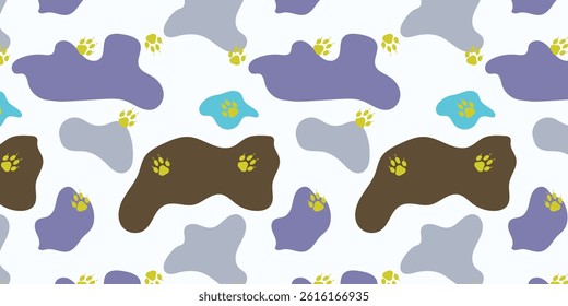 scatter seamless pattern with fox footprints and abstract fluid multi color for textile, wrapping, fabric and other. animal footprints background.