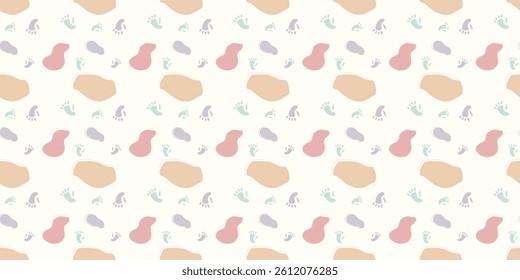 scatter seamless pattern with monkey footprints and fluid shapes