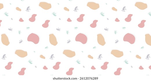 scatter seamless pattern with monkey footprints and fluid shapes