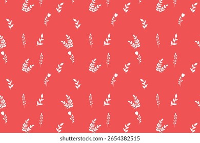 Scatter seamless pattern with various types of leaves in white color on a soft red background. Botanical repeat background for wrapping or textile