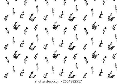 Scatter seamless pattern with various types of leaves in black color on a transparent background. Botanical repeat background for wrapping or textile