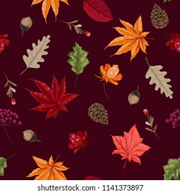 Scatter seamless pattern vector Autumn elememts ,leaves,flower,pine nut,in hand drawn style for fashion fabric and all prints on dark bergundy background.