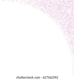 Scatter top right corner made of exclamation marks on white background. Exclamation marks in pink and purple tones. Abstract background. Vector illustration.