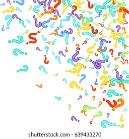 Scatter top right corner made of question marks on white background. Multicolor question marks with colorful strokes. Abstract background. Vector illustration.
