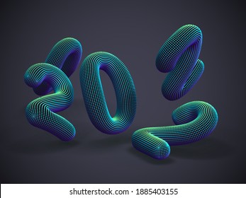 Scattered 3D blue numbers on gray background. Floating digital numbers made of bright glowing dots. Online education, technology or artificial intelligence abstract concept. EPS 10 vector illustration