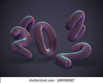 Scattered 3D pink numbers on gray background. Floating digital numbers made of bright glowing dots. Online education, technology or artificial intelligence abstract concept. EPS 10 vector illustration