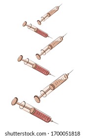 Scattered 6 injections. Syringes are falling down. Invented a vaccine against a virus, pandemic, epidemic, pneumonia. The medicine for coronavirus, covid-19. Vector flat cartoon illustration.