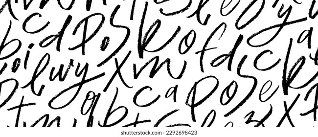 Scattered alphabet letters seamless pattern. Brush drawn cursive font background. Simple kids drawing style. Handwritten vector latin calligraphy. Grunge letters of the alphabet in random order.