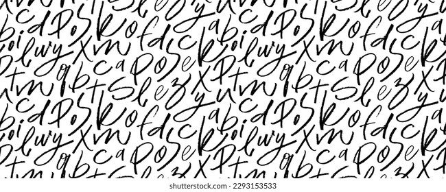 Scattered alphabet letters seamless pattern. Brush drawn cursive font background. Simple kids drawing style. Handwritten vector latin calligraphy. Grunge letters of the alphabet in random order.