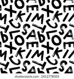 Scattered alphabet letters seamless pattern. Brush drawn childish style capital letters with dry grunge texture. Hand drawn bold font, stamp typography. Background for school, template, web design.