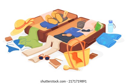 Scattered baggage. Preparing travel suitcase, vacation luggage organization trouble, mess beach clothes holiday stuff leaving summer trip open journey bag, neat vector illustration. Luggage to voyage