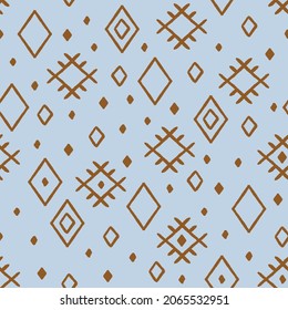 Scattered berber carpet symbols in a sky blue background pattern repeat. Hand drawn seamless vector illustration print design. Great for home wear, carpets and ethnic boho projects. Surface pattern