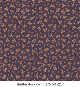 Scattered berries and leaves seamless pattern