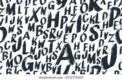 Scattered black letters alphabet seamless pattern. Grunge paint texture. Stamp typography banner. Bold font with dry brush. Childish style abc letters. Vector hand drawn typography seamless pattern.
