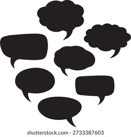 Scattered black silhouette speech bubble shapes of various sizes and styles on white background