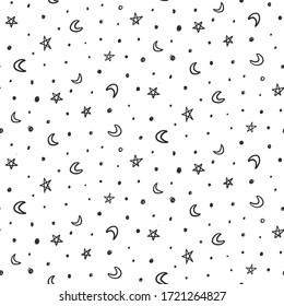 Scattered black and white moon, star and dots doodles seamless vector pattern.