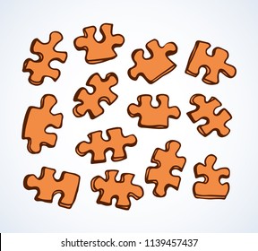 Scattered blank cut kid orange scheme isolated on white backdrop. Freehand outline black ink hand drawn object sketchy in art retro scribble style pen on paper. Closeup detail top view