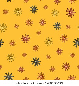 scattered blooms, seamless Vector repeat pattern ditsy print on yellow background, surface design