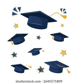 Scattered Blue Graduation Hats With Gold Tassels And Stars On White Background. Celebration And Success Theme For Banner, Wallpaper, And Poster. Flat Vector Illustration.