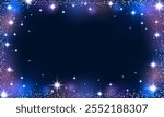 Scattered blue-pink neon particles on a dark background.Festive background or design element. Bright particles with bokeh effect, Christmas background with magical glitter. Concept: Christmas, party