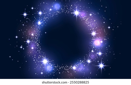 Scattered blue-pink neon particles on a dark background.Festive background or design element. Bright particles with bokeh effect, Christmas background with magical glitter. Concept: Christmas, party
