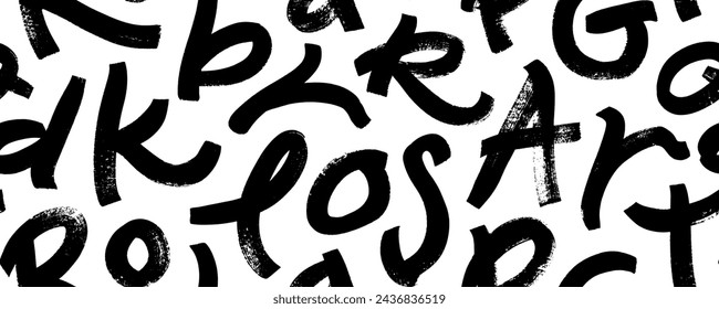 Scattered bold alphabet letters seamless pattern. Brush drawn vector black paint texture. Childish style capital sans serif letters. Joyful childish font. Hand drawn grunge typography banner.