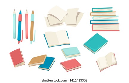 Scattered books, different colors of notebooks, diaries for exams, online training. Vector cartoon style flat illustration on white background. Isolated objects