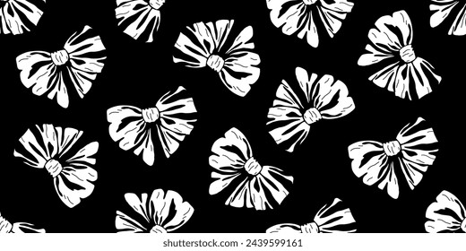 Patrón sin costuras de lazo disperso. Accesorio de cinta en blanco y negro y elemento de atuendo. Diseño de ilustración vectorial dibujado a mano para textil, tela, fondo, envoltura, embalaje, ropa