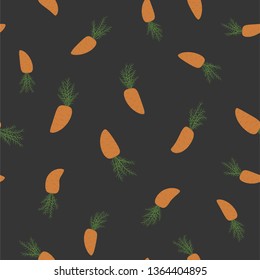 Scattered carrots on black background, Spring, Easter seamless vector pattern