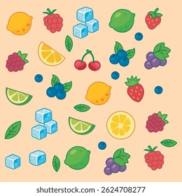 Scattered cartoon fruit, berries, and ice cubes pattern.