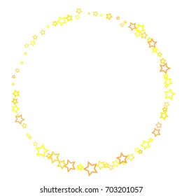Scattered circle frame on white background made of little gold stars. Falling little glitter Confetti stars. Vector illustration.