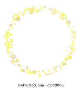 Scattered circle frame on white background made of little gold stars. Falling little glitter Confetti stars. Vector illustration.