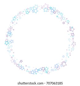 Scattered circle frame on white background made of little blue stars. Falling little Blue Confetti stars. Scatter circle frame made of blue falling confetti stars. Vector illustration.