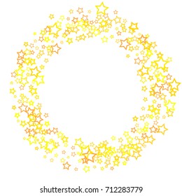 Scattered circle frame on white background made of little gold glitter stars. Falling little gold Confetti stars. Vector illustration.