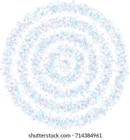 Scattered circle frame on white background made of little blue stars. Falling little Blue Confetti stars. Scatter circle frame made of blue falling confetti stars. Vector illustration.