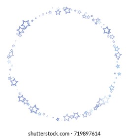 Scattered circle frame on white background made of little blue stars. Scatter frame made of blue falling confetti stars. Vector illustration.