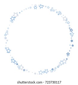Scattered circle frame on white background made of little blue stars. Scatter frame made of blue falling confetti stars. Vector illustration.