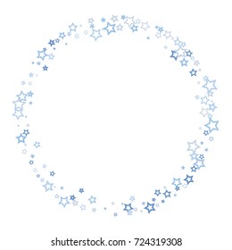 Scattered circle frame on white background made of little blue stars. Scatter frame made of blue falling confetti stars. Vector illustration.