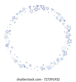 Scattered circle frame on white background made of little blue stars. Scatter frame made of blue falling confetti stars. Vector illustration.