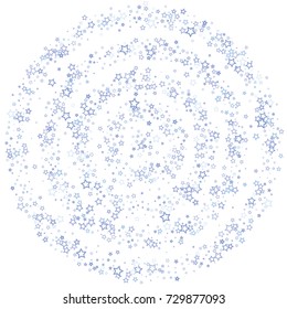 Scattered circle frame on white background made of little blue stars. Scatter frame made of blue falling confetti stars. Vector illustration.