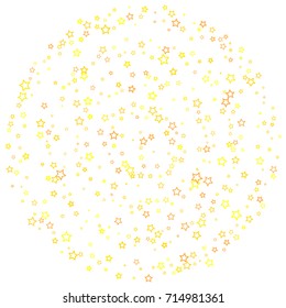 Scattered circle on white background made of little gold glitter stars. Falling little gold Confetti stars. Vector illustration.