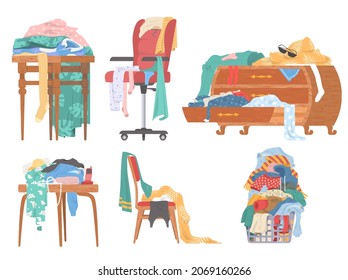 Scattered clothes, female stuff in chest of drawers, on chair, on table, on coffee table, in laundry basket, flat vector isolated illustration. Mess, disorder.