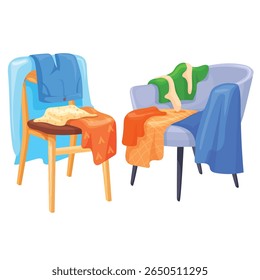 Scattered clothes, female stuff in chest of drawers, on chair, on table, on coffee table, in laundry basket, flat vector isolated illustration. Mess, disorder.