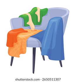 Scattered clothes, female stuff in chest of drawers, on chair, on table, on coffee table, in laundry basket, flat vector isolated illustration. Mess, disorder.