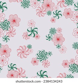 Scattered clusters of tangle-style flowers in red, green and platinum white on a platinum background that look a bit like Christmas candies creating a vector repeat seamless pattern design.