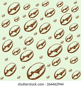 Scattered coffee beans on a light background