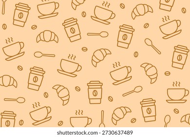 Verstreutes Kaffeehausmuster mit Croissants, Kaffeetassen, Bohnen und Löffeln auf hellbraunem Hintergrund. Ideal für rustikale Café-Designs, Lebensmittelverpackungen und Getränke-Aktionen.