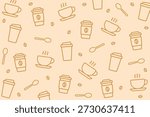 Scattered coffee-themed seamless pattern of coffee cups, beans, and spoons on light brown background. Perfect for minimalist cafe branding, packaging, and wallpaper designs.