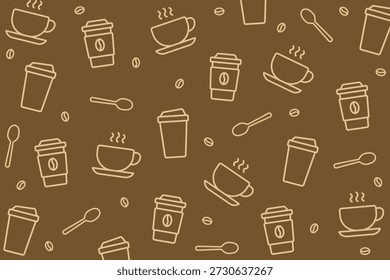 Patrón sin fisuras con tema de café disperso de tazas de café, granos y cucharas sobre fondo marrón oscuro. Ideal para imágenes modernas de café, diseños de menú y uso de fondo acogedor.