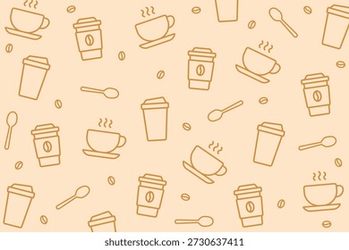 Patrón sin fisuras con tema de café disperso de tazas de café, granos y cucharas sobre fondo marrón claro. Perfecto para diseños minimalistas de marca, empaques y Fondos de pantalla de cafetería.